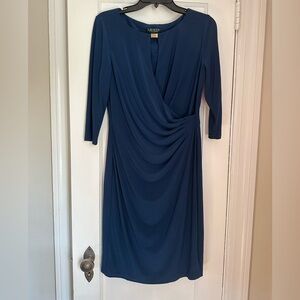 Lauren Ralph Lauren blue midi faux wrap dress with logo detail size 10